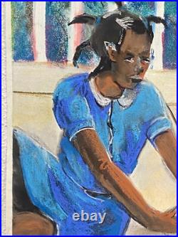 Original Folk Art Children Playing Pastel Watercolor Painting African American