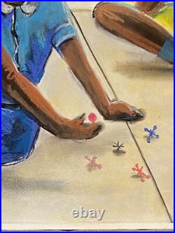 Original Folk Art Children Playing Pastel Watercolor Painting African American
