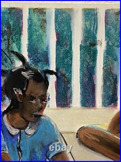 Original Folk Art Children Playing Pastel Watercolor Painting African American