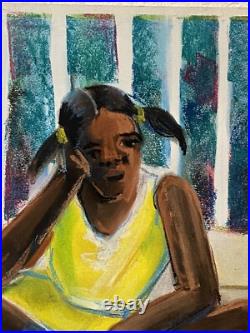 Original Folk Art Children Playing Pastel Watercolor Painting African American