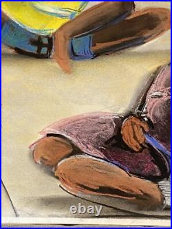 Original Folk Art Children Playing Pastel Watercolor Painting African American