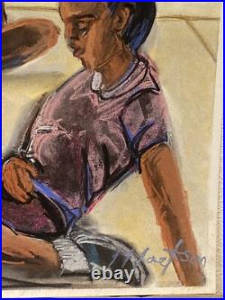 Original Folk Art Children Playing Pastel Watercolor Painting African American