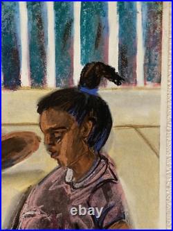 Original Folk Art Children Playing Pastel Watercolor Painting African American