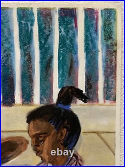 Original Folk Art Children Playing Pastel Watercolor Painting African American