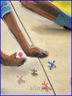 Original Folk Art Children Playing Pastel Watercolor Painting African American