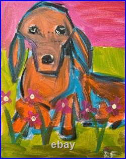 Original Folk Art Dachshund painting Whimsical Dog on 11x14 canvas