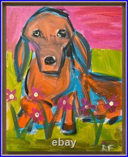 Original Folk Art Dachshund painting Whimsical Dog on 11x14 canvas