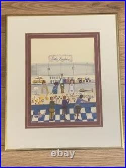 Original Folk Art Donut Stand Scene Ink & Gouache Painting Signed Silverberg