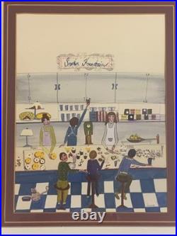 Original Folk Art Donut Stand Scene Ink & Gouache Painting Signed Silverberg