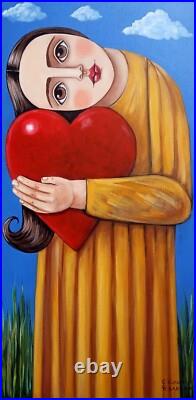 Original Folk Art. GIRL WITH BIG HEART. 12x24 Stretched Canvas, original Original Folk Art. GIRL WITH BIG HEART. 12x24 Stretched Canvas, original