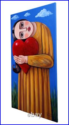 Original Folk Art. GIRL WITH BIG HEART. 12x24 Stretched Canvas, original Original Folk Art. GIRL WITH BIG HEART. 12x24 Stretched Canvas, original