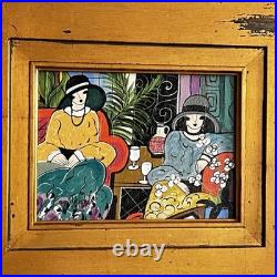 Original Folk Art Painting Art Deco Ladies Bistro Gold Frame Laura Mostaghel