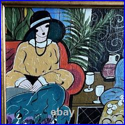 Original Folk Art Painting Art Deco Ladies Bistro Gold Frame Laura Mostaghel