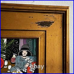 Original Folk Art Painting Art Deco Ladies Bistro Gold Frame Laura Mostaghel