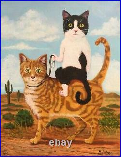 Original Folk Art Painting Cat Rides Cat Oil & Acrylic Art By Maria Fisher