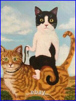 Original Folk Art Painting Cat Rides Cat Oil & Acrylic Art By Maria Fisher