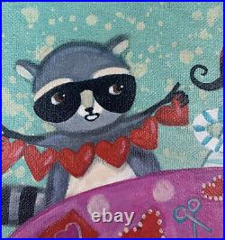 Original Folk Art Painting Hearts Raccoon Valentines Day
