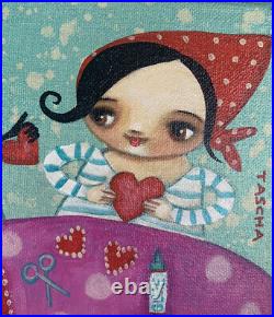 Original Folk Art Painting Hearts Raccoon Valentines Day