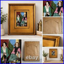 Original Folk Art Painting Ladies Tea Party Salon Gold Frame Laura Mostaghel