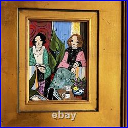 Original Folk Art Painting Ladies Tea Party Salon Gold Frame Laura Mostaghel