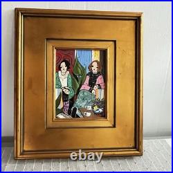 Original Folk Art Painting Ladies Tea Party Salon Gold Frame Laura Mostaghel