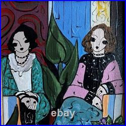 Original Folk Art Painting Ladies Tea Party Salon Gold Frame Laura Mostaghel