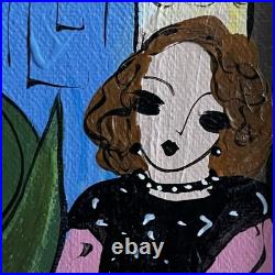 Original Folk Art Painting Ladies Tea Party Salon Gold Frame Laura Mostaghel