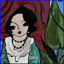 Original Folk Art Painting Ladies Tea Party Salon Gold Frame Laura Mostaghel