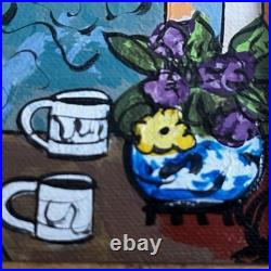 Original Folk Art Painting Ladies Tea Party Salon Gold Frame Laura Mostaghel