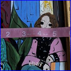 Original Folk Art Painting Ladies Tea Party Salon Gold Frame Laura Mostaghel