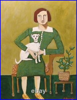 Original Folk Art Painting Of Woman With White Dog