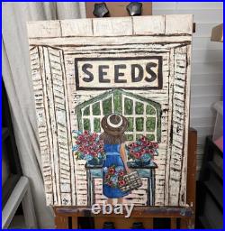 Original Folk Art Painting Seeds Flower Shop Whimsical Farmhouse Wall Decor