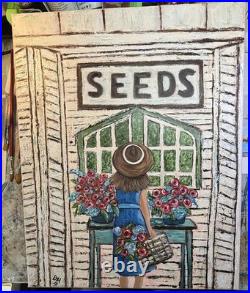 Original Folk Art Painting Seeds Flower Shop Whimsical Farmhouse Wall Decor