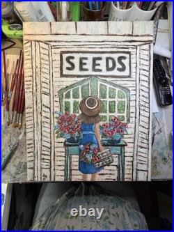 Original Folk Art Painting Seeds Flower Shop Whimsical Farmhouse Wall Decor
