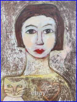 Original Folk Art Painting Woman And A Cat. 11x14 Ruth Arenz