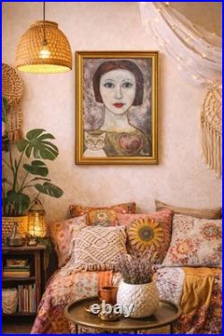 Original Folk Art Painting Woman And A Cat. 11x14 Ruth Arenz