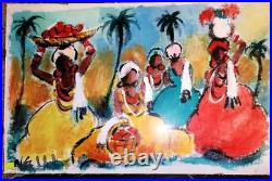Original Folk Art Painting on Canvas Women Carrying Fruit Native Art Signed EUC Original Folk Art Painting on Canvas Women Carrying Fruit Native Art Signed EUC
