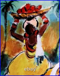 Original Folk Art Painting on Canvas Women Carrying Fruit Native Art Signed EUC Original Folk Art Painting on Canvas Women Carrying Fruit Native Art Signed EUC