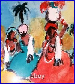 Original Folk Art Painting on Canvas Women Carrying Fruit Native Art Signed EUC Original Folk Art Painting on Canvas Women Carrying Fruit Native Art Signed EUC