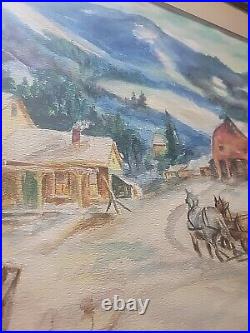 Original Folk Art Primitive Painting- Winter Scene M. Jacobsen-Large
