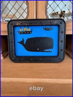 Original Folk Art Whale Painting Framed Nautical 5x7 Canvas