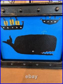 Original Folk Art Whale Painting Framed Nautical 5x7 Canvas