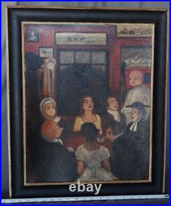 Original Folk Art oil canvas painting signed Gloria Laposka framed dining satire Original Folk Art oil canvas painting signed Gloria Laposka framed dining satire