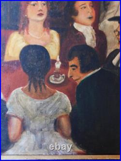 Original Folk Art oil canvas painting signed Gloria Laposka framed dining satire Original Folk Art oil canvas painting signed Gloria Laposka framed dining satire