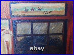 Original Folk Art oil canvas painting signed Gloria Laposka framed dining satire Original Folk Art oil canvas painting signed Gloria Laposka framed dining satire