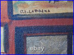 Original Folk Art oil canvas painting signed Gloria Laposka framed dining satire Original Folk Art oil canvas painting signed Gloria Laposka framed dining satire