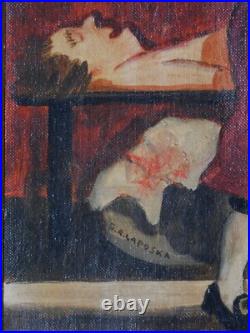 Original Folk Art oil on canvas painting signed Gloria Laposka framed satire Original Folk Art oil on canvas painting signed Gloria Laposka framed satire