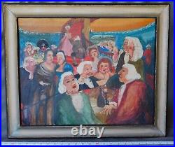 Original Folk Art oil on panel painting signed Gloria Laposka framed satire