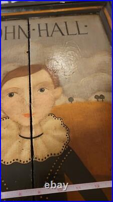 Original Folk Portrait Children Painting Wood Rare Large Set primative Rustic