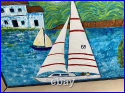 Original Framed Folk Art Painting Clouds Sailboats Lighthouse 25 X 22 Ronnie T